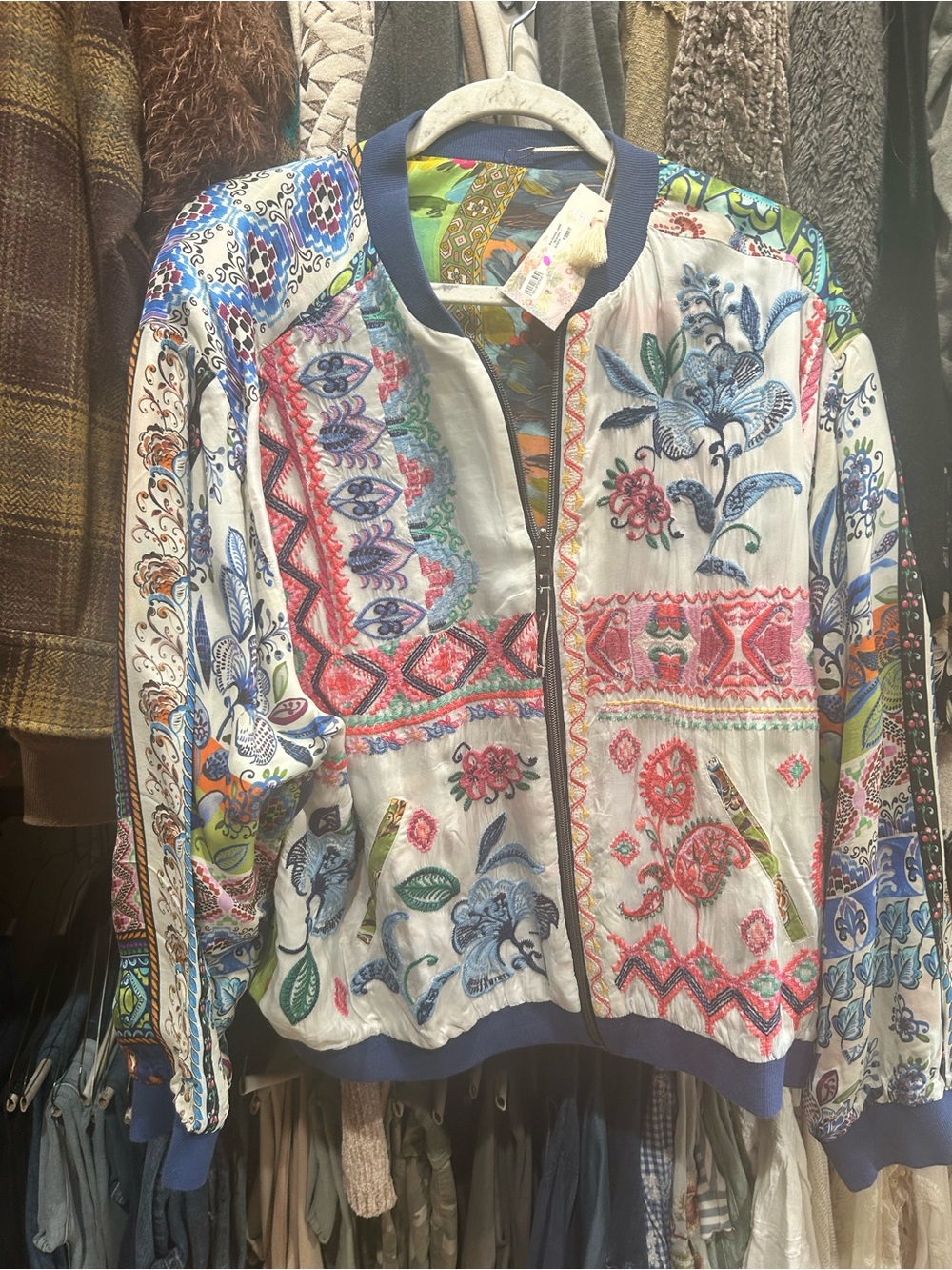 Johnny Was White Embroidered Bomber Jacket with Blue Trim